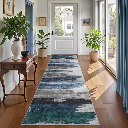 Modern Abstract 2x5 Runner Rug, Washable Non-Slip Hallway Rug Navy