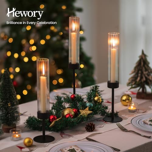 Hewory Black Taper Candle Holders: Candlestick Holders Set of 3 Hurricane Glass Tall Candle Holder for Candlesticks Candle Sticks Holder Decor for Table Centerpiece Wedding Party Christmas Decorations