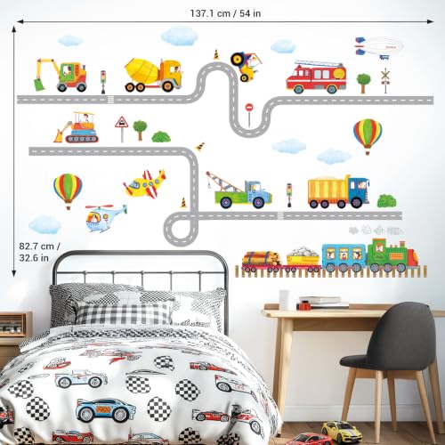 DECOWALL SG2-2107 Construction Transportation Wall Decals Car Truck Tractor Road Stickers for Kids Boys Living Room Decor Bedroom Playroom Nursery Peel and Stick Removable