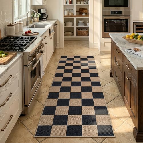 Lahome Checkered Easy Jute Outdoor Runner Rug, 2x6 Kitchen Rugs Washable
