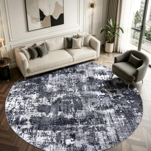 Sasttie 8ft Round Rug, Modern Abstract Large Circle Carpet, Black & White
