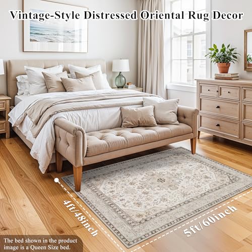 HILORUUG 4x5 Rug Entryway Washable: Non-Slip Oriental Area Rug for Bathroom Kitchen- Farmhouse Low Pile Stain Resistant Carpet Long Thin Front Door Mat (4x5 Ivory/Grey/Multi)