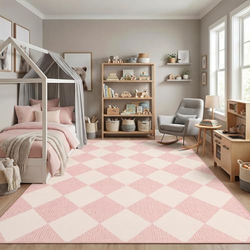GarveeHome Large Area Rug 9x12 Pink Living Room Checkered Washable Rug