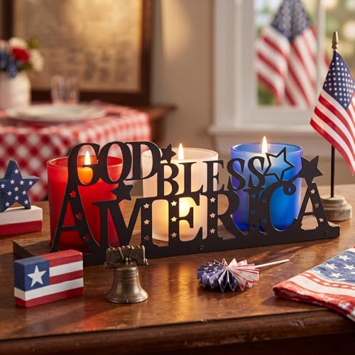 250 Anniversary Decorations with 3 Glass Votive 1 Wooden Tray God Bless America Decor Patriotic Red Blue White Table Decorations 4th of July Rustic Decor for Memorial Independence Day