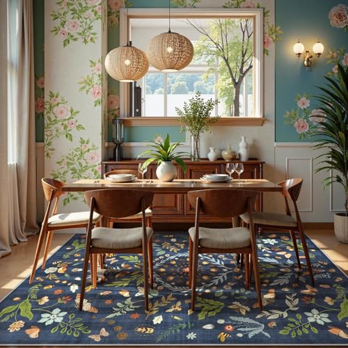 Lahome Washable Insect Botanical 5x7 Area Rugs for Nursery - Machine Washable Non-Slip Navy Blue Bedroom Rug, Boho Low Profile Soft Faux Wool Carpet for Living Room Laundry Playroom Dining Room