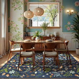 Lahome Washable Insect Botanical 5x7 Area Rugs for Nursery - Machine Washable Non-Slip Navy Blue Bedroom Rug, Boho Low Profile Soft Faux Wool Carpet for Living Room Laundry Playroom Dining Room