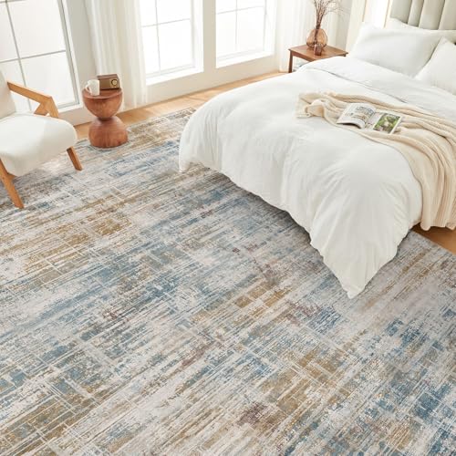 UERMEI 9x12 Area Rug for Living Room: Washable Modern Neutral Abstract Large Soft Low Pile Carpet Non-Slip Pet Kids Friendly Indoor Decor for Bedroom Dining Room Home Office Nursery Blue Brown