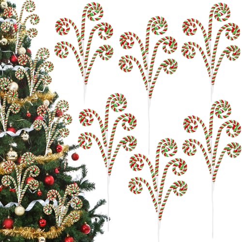 RINOLY 6 Pcs Christmas Tree Topper,17 in Red and Green Candy Cane Christmas Tree Picks,Curly Woolen Christmas Tree Decorations Candy Cane Ornaments for Holiday Decors Vase Filler