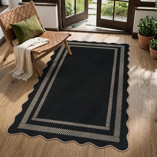 LIVEBOX Scalloped Easy Jute 3x5 Outdoor Rug, Black Washable Rugs for Entryway Kitchen, Indoor Outdoor Farmhouse Neutral Rug Modern Carpet Door Mat Area Rug for Patio Bedroom Living Room Porch Entry