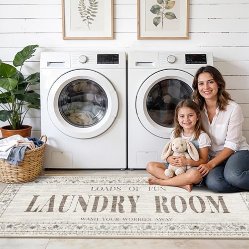20"x60" Non-Slip Laundry Room Rug: Stain and Water Resistant Washable Laundry Mat - Durable Light-Weight Runner Farmhouse Home Decor - Soft Low-Pile Carpet for Laundry Bathroom Washroom 20"x60" Beige
