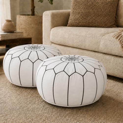 Handmade Moroccan Embroidered Leather Pouf | Delivered Unstuffed | Ottoman, Footstool, Footrest, Hassock, Floor Cushion, Coffee Table, Under Desk (White)