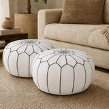 Handmade Moroccan Embroidered Leather Pouf | Delivered Unstuffed | Ottoman, Footstool, Footrest, Hassock, Floor Cushion, Coffee Table, Under Desk (White)
