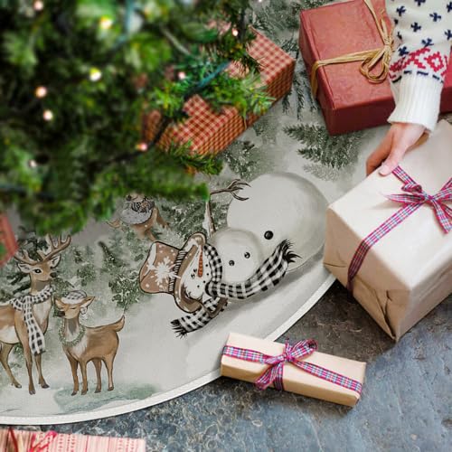 AVOIN colorlife Snowman Reindeer Snowflake Christmas Tree Skirt 48 Inch, Winter Holiday Tree Mat Decoration