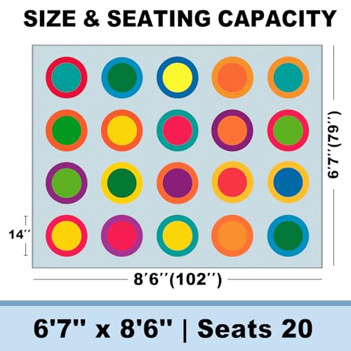 Large Classroom Rugs Elementary 6'7'' x 8'6'', Machine Washable Classroom Rug with Colorful Rings for Daycare & Preschool, Soft Non Slip Carpet for Kids Room Playroom, Seats 20 (Blue)