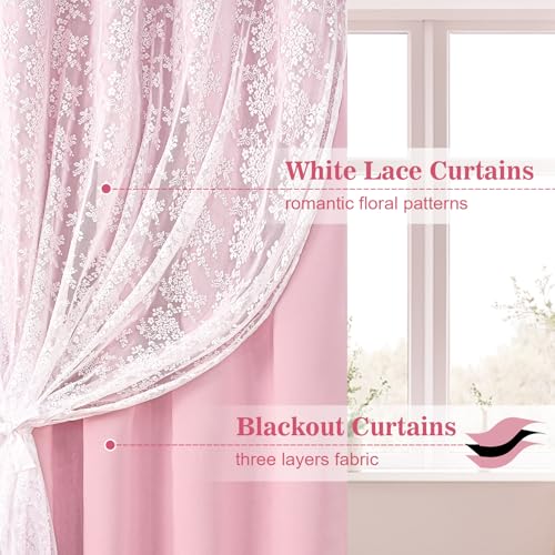 Yinhua Pink Curtains for Girls Room Double Layer Blackout Curtains for Bedroom 84 Inches Long Nursery Curtain for Living Room, Grommet Drapes with Tiebacks, 52" W x 84" L