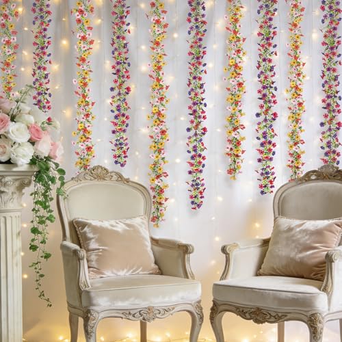 Ammyoo Artificial Flowers Garland Ivy, 4 Pack 5.9 FT Spring Summer Decor UV Resistant Fake Mums Floral Vine Silk Daisy Hanging Flower for Home Garden Wedding Decor Photo Booth Backdrop(Mix)