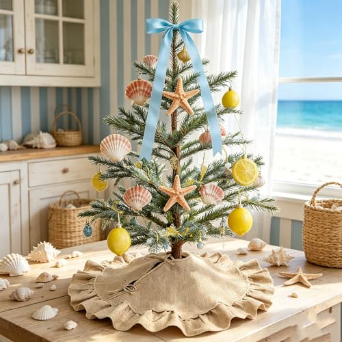 yuboo 24 Inch Burlap Tree Skirt, Small Tree Skirt for 2-3 Ft Tabletop Trees, Rustic Mini Christmas Tree Skirt with Ruffle Edge, Farmhouse Holiday Decor