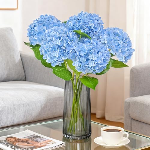 3 Pcs 21" Real Touch Blue Hydrangea Artificial Flowers with Stems, Fake Silk Flowers for Outdoors, Artificial Flowers for Home Decor Wedding Bouquets Centerpieces Vase