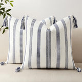 Smile Bee Spring Boho Outdoor Throw Pillow Covers Set of 2, Decorative Woven Striped Pillow Covers with Tassels for Couch Bed Sofa, 18x18 Inch, Navy Blue and Cream White