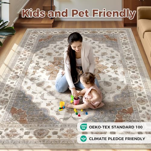 Washable Area Rug 10x14 Non-Slip Floral Boho Carpet, Beige/Ivory