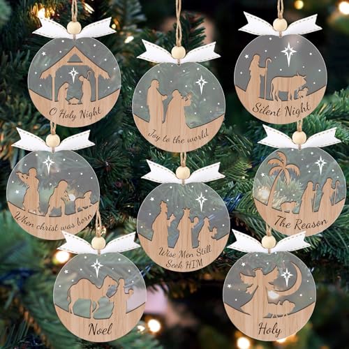 GuassLee 16pcs Nativity Christmas Ornaments - 3D Wooden Acrylic Cut File Nativity Scene Christmas Crafts Ornaments for Kids Tree Indoor Decorations