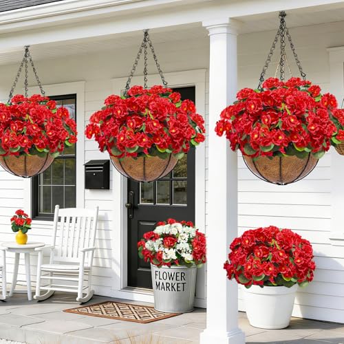8 Bundles Artificial Geraniums Flowers for Outdoors Summer Decor, Fake Cemetery Flowers Silk Red Flower UV Resistant No Fade Faux Plants for Hanging Porch Garden Home Planter Patio Cemetery Decor