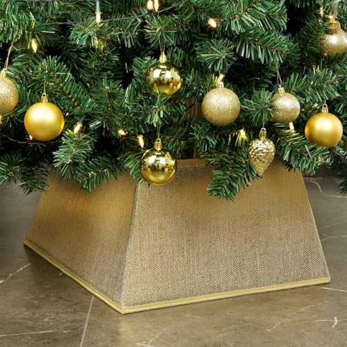 Blissun Fabric Christmas Tree Collar, Square Shiny Tree Ring, Willow Christmas Tree Skirt for Christmas Tree Decorations (Shiny Gold)