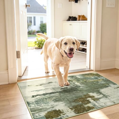 Washable Entryway Rug 2x3, Non-Slip Low Pile Abstract Green