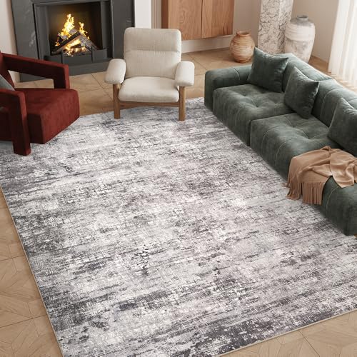 8x10 Black Gray Washable Area Rug for Living Room, Vintage Print