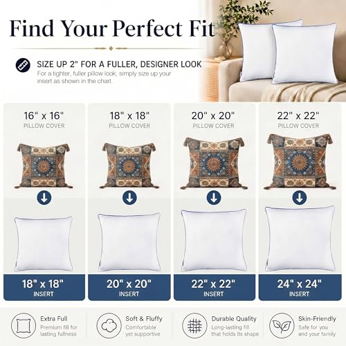 20x20 Pillow Inserts Set of 2, Soft Hypoallergenic Square Throw Pillow Inserts for Couch, Sofa – Oeko-TEX Certified Virgin Down Alternative Filling, Machine Washable