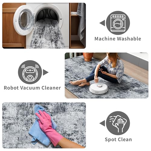 5x6 Machine Washable Area Rug：Non Slip Stain Resistant Low Pile Carpet - Soft Warm Comfortable Accent Rugs for Living Room Bedroom Entryway Dining Room Farmhouse Decor Black Grey