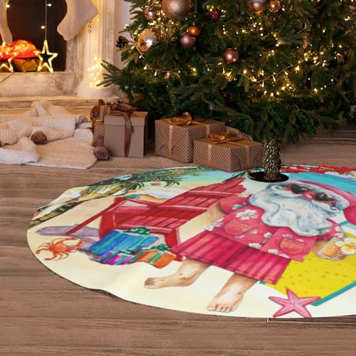 Mele Kalikimaka Hawaii Christmas in July Beach Santa Claus 36 Inch Christmas Tree Skirt Carpet Mat Funny Party Soft Cover Mat Decor Supplies for Xmas Halloween Decorations Occasion Farmhouse