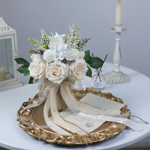Wedding Bouquets for Bride Bridesmaid,White Champagne Artificial Roses Flowers for Wedding Church Decoration (6.5in)