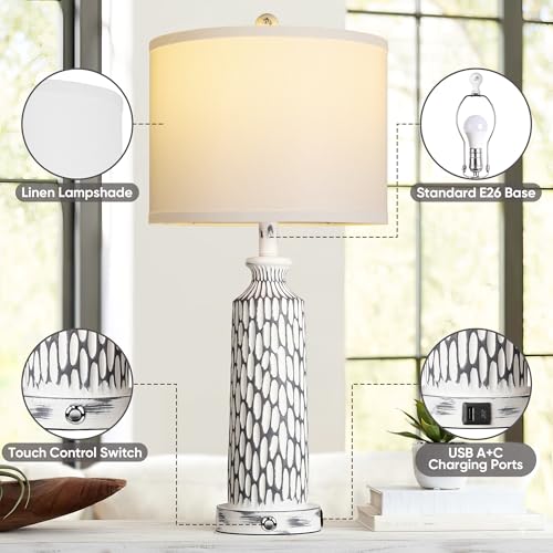 QiMH 26" Table Lamps Set of 2, Modern Bedside Lamps with USB A+C Ports, 3-Way Dimmable Touch Control & White Shade, Coastal White Gray Nightstand Lamp for Living Room Bedroom, Included 2700K LED Bulbs