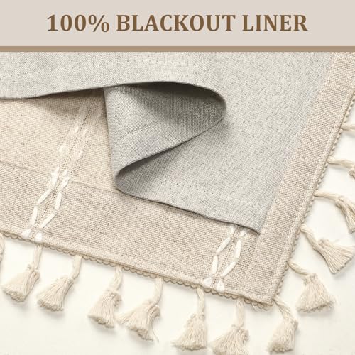 Boho Blackout Curtains 63 Inches Long Beige Linen Blend 2 Panels with Tassels and Cotton Embroidery, Farmhouse Vintage Rustic Rod Pocket Drapes for Living Room or Bedroom