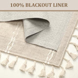 Boho Blackout Curtains 63 Inches Long Beige Linen Blend 2 Panels with Tassels and Cotton Embroidery, Farmhouse Vintage Rustic Rod Pocket Drapes for Living Room or Bedroom