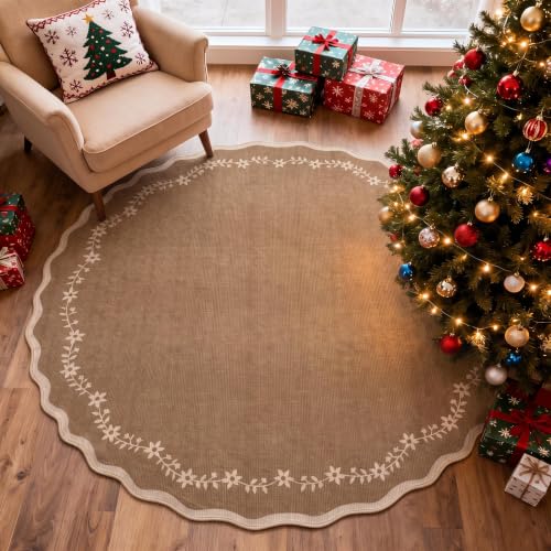 GarveeHome Christmas Round Rugs 6ft Brown Scalloped Washable Circle Rug