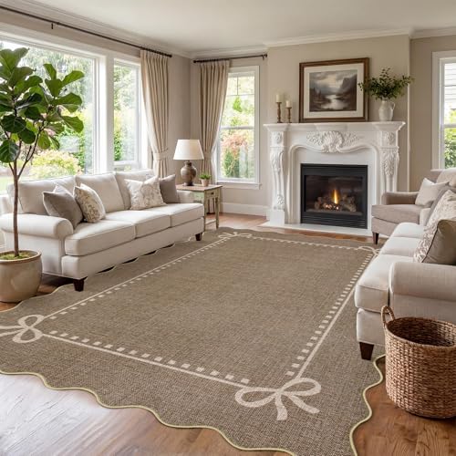 Garvee Scalloped Bow Rug for Living Room Washable Solid Brown 8x10 Area Rug