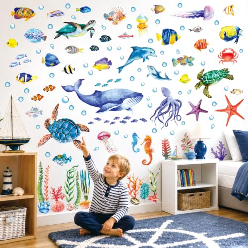 DECOWALL 128 Pieces Under The Sea Wall Decals Ocean Fish Stickers Turtle Jellyfish Seaweed Removable for Kids Bedroom Nursery Living Room Home Art Decor Bathroom Baby(DS12-8048)