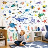 DECOWALL 128 Pieces Under The Sea Wall Decals Ocean Fish Stickers Turtle Jellyfish Seaweed Removable for Kids Bedroom Nursery Living Room Home Art Decor Bathroom Baby(DS12-8048)