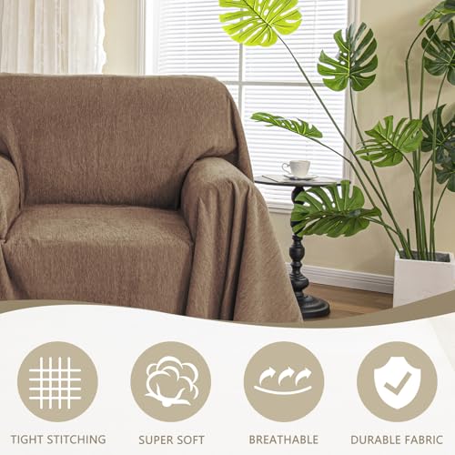 MYSKY HOME Oversized Armchair Couch Cover for 1 Cushion Couch, Washable Sofa Protector, Chair Couch Covers with Tassel Sofa Covers Sofa Throws Sofa Slipcovers Futon Cover for Pet, Kid, 71"X91", Camel