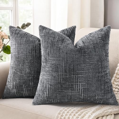 decorUhome Textured Chenille Throw Pillow Covers 24x24 Set of 2 Dark Grey
