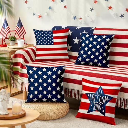 4th of July Pillow Covers 18x18 Inch,Set of 4 Red White Blue Summer Outdoor Throw Patriotic Pillow Covers,USA Flag Linen Fourth of July Independence Memorial Day Cushion Case for Sofa Couch Decor