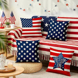 4th of July Pillow Covers 18x18 Inch,Set of 4 Red White Blue Summer Outdoor Throw Patriotic Pillow Covers,USA Flag Linen Fourth of July Independence Memorial Day Cushion Case for Sofa Couch Decor