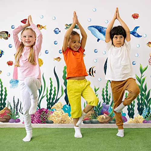 300 Pcs Ocean Wall Decals Stickers Under The Sea Ocean Animal Peel and Stick 2 Sheets Large Coral Reef and Seaweed, Bubbles Vinyl Sticker for Kids Toddler Baby Nursery Living Room Office Bathroom