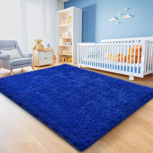 Blue Shag Area Rug for Bedroom, 4x6 Fluffy Shaggy Rugs for Living Room Boys Kids Nursery, Ultra Soft Comfy, Modern Fuzzy Plush Carpet for Girls Teen Dorm Indoor Home Decor, Upgrade Non-Slip