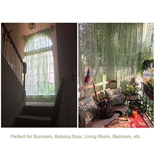 Ufurty 2 Pieces Willow Window Curtain Voile Tulle Room Salix Leaf Sheer Gauze Panel Drapes Green Color for Living Room, Bedroom, Balcony