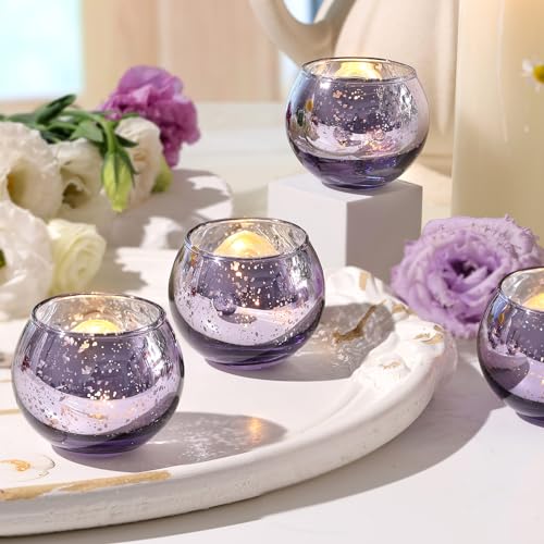 Round Purple Votive Candle Holder Set of 12, Mercury Glass Votives