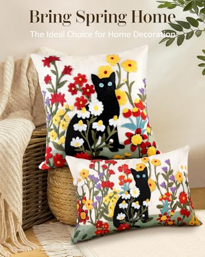 Embroidered Throw Pillow Cover, 20x12 Inch, Black Cat Floral