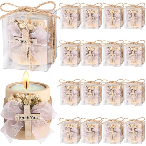MTLEE 16 Pack Wooden Tealight Candle Holders Kit Guest Gifts for Wedding Baby Shower The First Communion Baptism Christening Housewarming Party Handmade Thank You Candle with Card Box Rope (Cute)